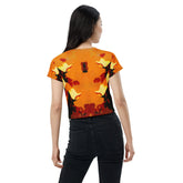 Close-up of SurArt 77 crop tee all-over print detail for stylish outfit.